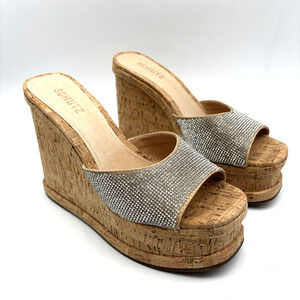SCHUTZ Silver Crystal Cork Platform Wedge Sandals